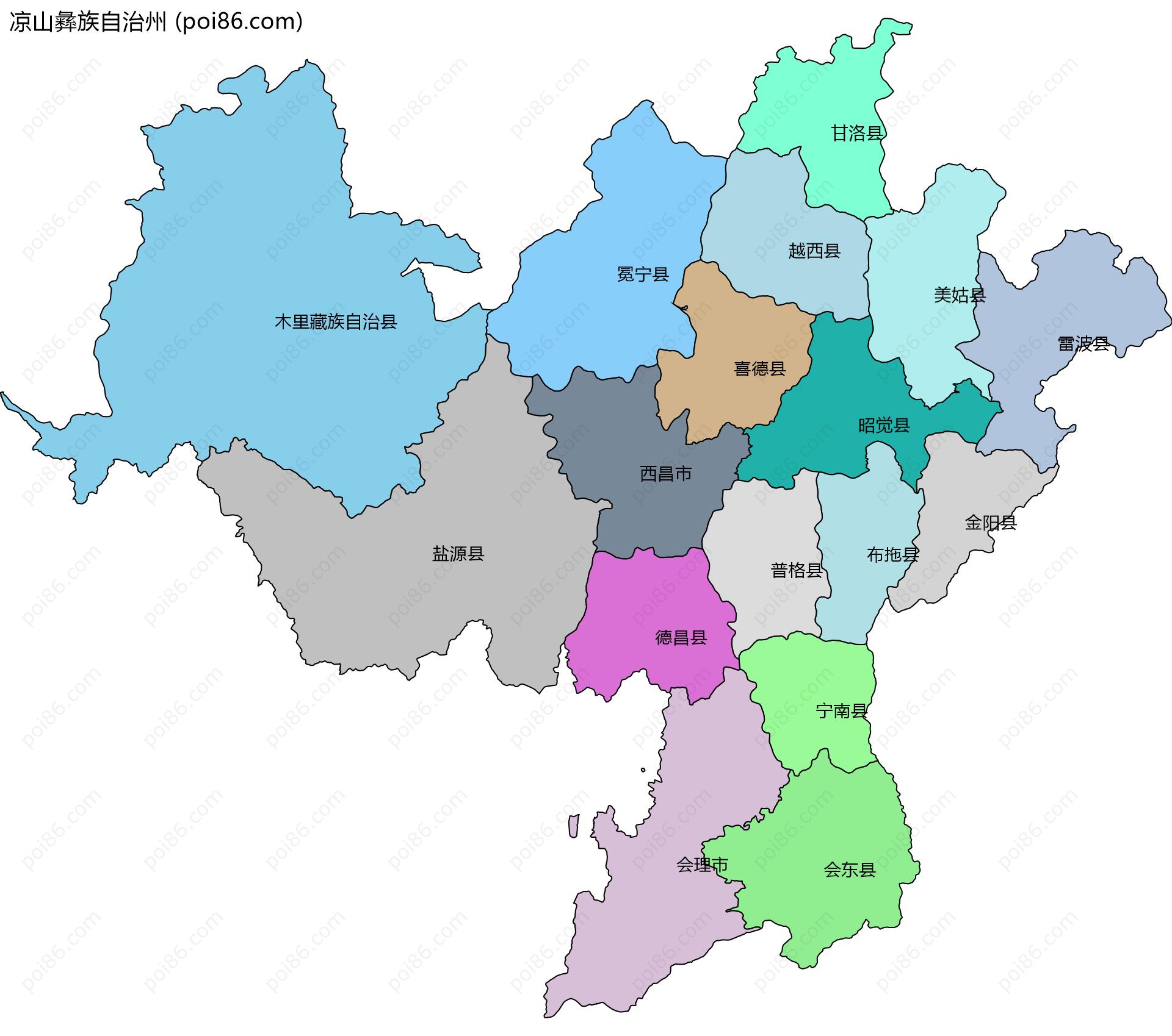 凉山彝族自治州边界地图